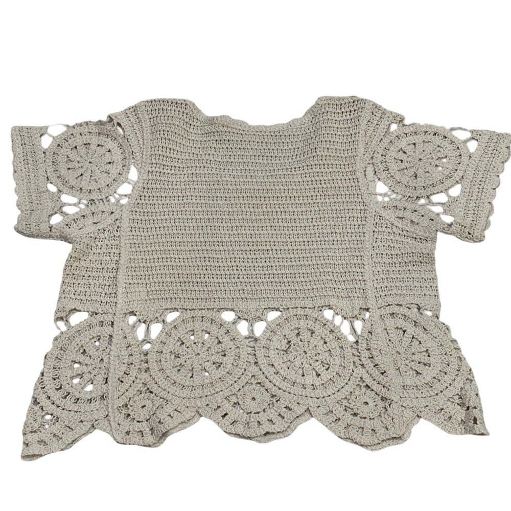 Solitaire Crochet Lace Top XL Boho Scalloped Hem Neutral - Picture 2 of 3
